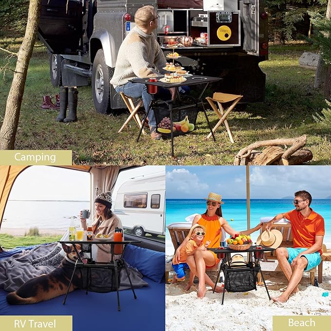 Anbte Ultralight Portable Camping Table, 3.2lb Folding Camping Table with Cup Holders & Storage Net, 20in Height for Camping Hiking Tailgating Beach Picnic Travel Patio, 23" x 16", Black