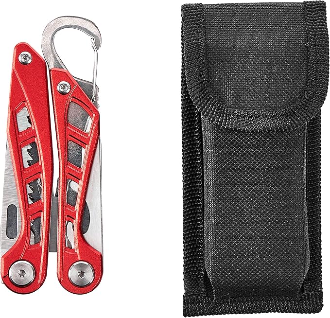 Amazon Basics 8-in-1 Stainless Steel Multitool with Safety Lock and Nylon Sheath, Red