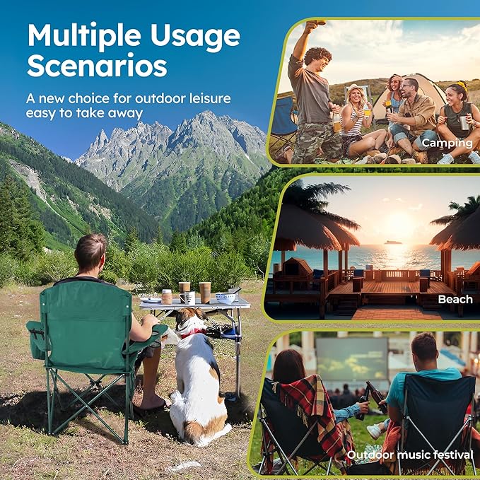 ALPHA CAMP Camping Chairs 350LBS Capacity, Heavy Duty Folding Chair with 4-Can Cooler Bag, Portable Outdoor Chair with Cup Holder for Adults, Collapsible for Tailgating, Beach, Fishing,Black,2PC