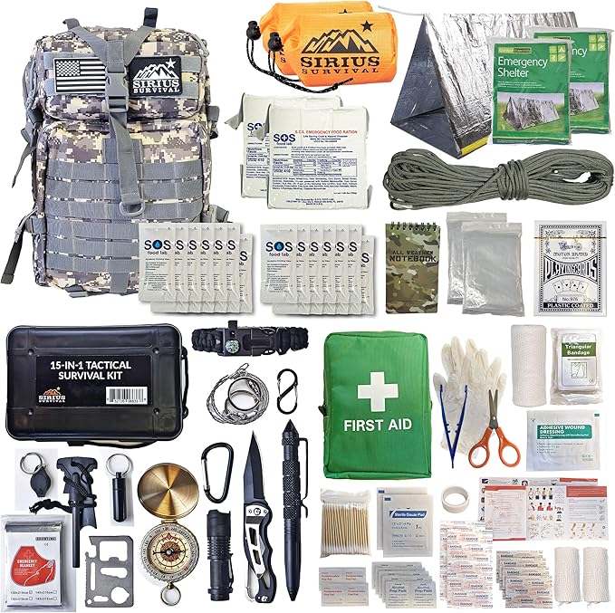 Sirius: Bug Out Bag Starter Kit - 72 Hour Kit for 1 Person – Backpack Survival Kit – 50L Tactical Backpack, US Made Food & Water, Medical Supplies & Survival Tools