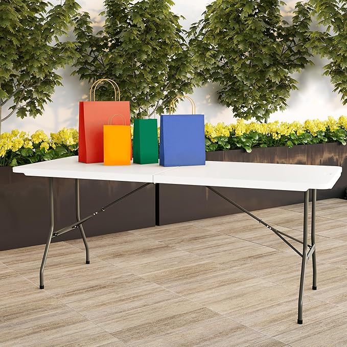 Lavish Home Portable Folding Tables - Lightweight Portable Folding Desk - 6-Foot-Long Plastic Table for Camping, Playing Cards, Parties, and Dining (Single/White)