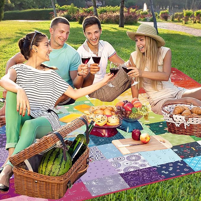Supfitness Extra Large Picnic Blankets Waterproof Foldable (60"x 80") Boho Beach Blanket Waterproof Sandproof,3-Layer Thicking Mat Outdoor Packable Camping Blanket