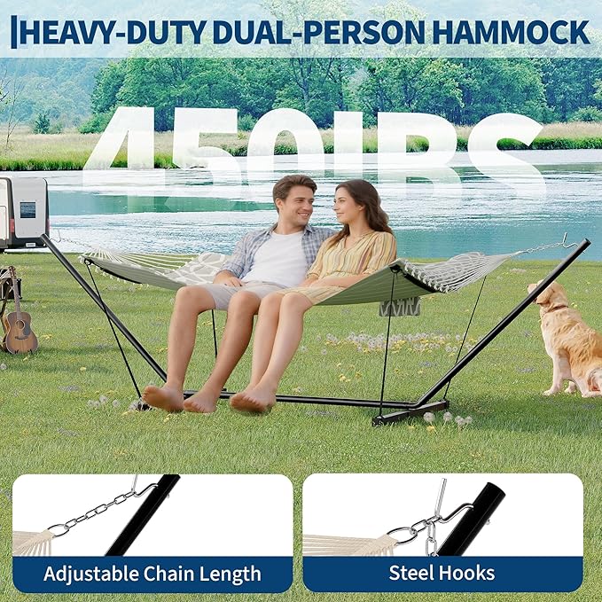 2 Person Double Hammock with Stand & Pillow, 450 LBS Heavy Duty Outdoor Hammock with Balance Rope for Patio Backyard Poolside