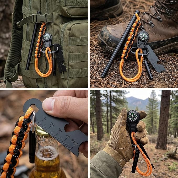 Ferro Rod Fire Starter with Compass, 3/8 Inch Thick Magnesium Ferrocerium Rod，Fire Starter Survival Tool with Multi-Tool Long Strikes, Flint Fire Starters for Camping & Hiking,Outdoor Emergency Kits.