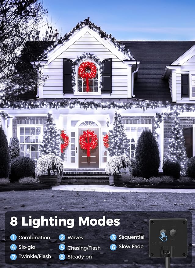 Minetom Solar String Lights Outdoor, Extra Long 72FT 200 LED Christmas String Lights with 8 Lighting Modes, Waterproof Solar Light Outdoor for Outside Tree Balcony Gazebo, Pure White