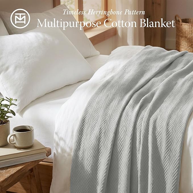 Threadmill Luxury Cotton Blankets for Twin Size Bed | All-Season 100% Cotton Twin Blanket for Bed | Herringbone Soft & Cozy Fall Thermal Blanket, 350GSM, 68x90 inches | Light Grey