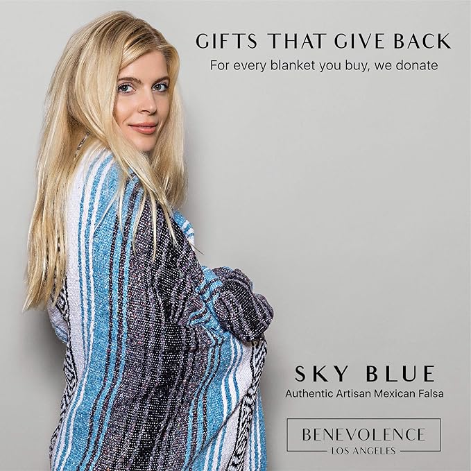 Benevolence LA Authentic Handwoven Mexican Blanket | Yoga Blankets, Outdoor, Picnic, Beach, Camping | Equestrian Saddle | Serape 50x70 inches - Sky Blue, Pack of 1