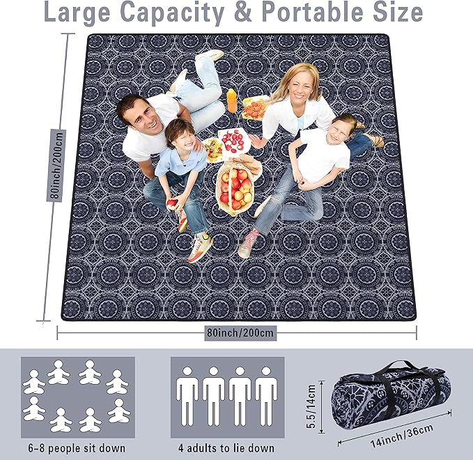 Supfitness Extra Large Picnic Blankets Waterproof Foldable (80 "x 80") Beach Blanket Waterproof Sandproof,3-Layer Thicking Mat Outdoor Packable Camping Blanket