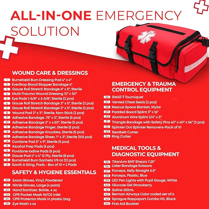 Fully Stocked EMT Trauma Bag – Tactical First Responder Medical Kit with Tourniquet, Vented Chest Seals, Hemostatic Gauze, Shears, Bandages & Bleeding Control Supplies – Red