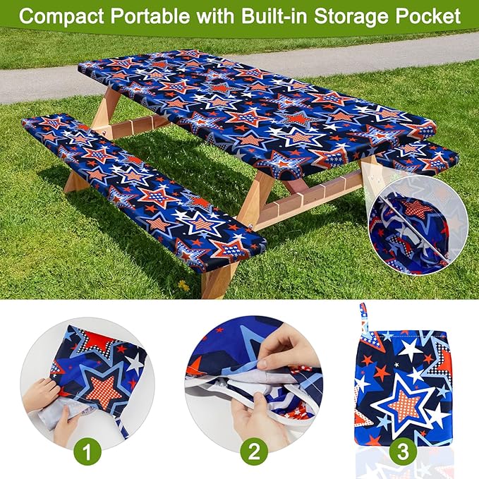 Picnic Table Cover with Bench Covers Portable Table Cloth Built-in Storage Pocket Fitted Tablecloth with Elastic Edges Waterproof Camping Essentials for Indoor Outdoor Rv,72in,Blue Red