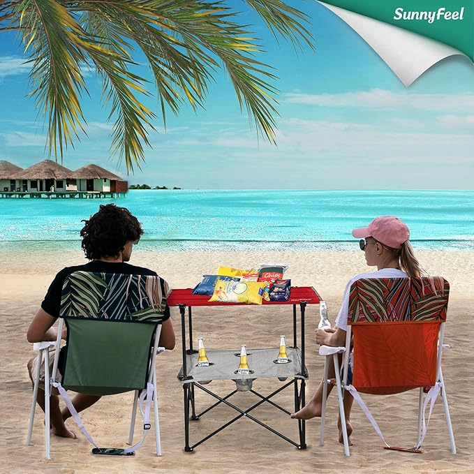 SUNNYFEEL Folding Camping Table- Collapsible Portable Beach Table with 4 Cup Holders & Carry Bags, Tailgate Table for Outdoor Excursion Picnic Hiking Fishing Travel Parties, Red