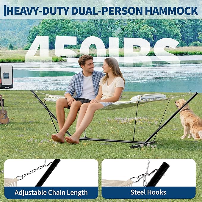 GarveeHome Double Hammock with Heavy-Duty Steel Stand, 2 Person Portable Hammock, 450LBS Max Weight Capacity, Easy Assembly, Ideal for Indoor, Backyard, Camping & Outdoor Use