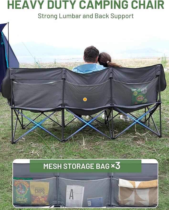 Timber Ridge 3 Person Camping Chair Supports to 1050lbs, Portable Camp Couch Padded Camping Chairs, Outdoor Oversized Folding Loveseat Perfect for Campsites, Patio/Lawn, Soccer Games, Grey