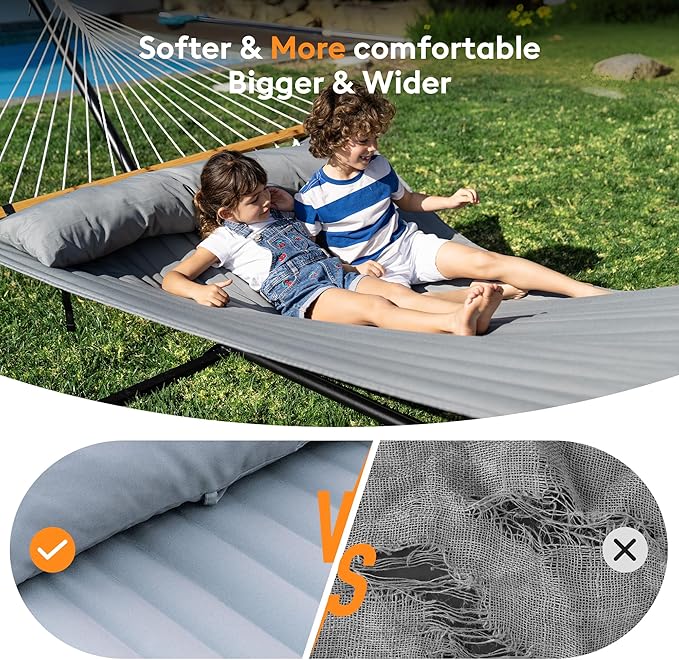 Everyfun Double Hammock with Spreader Bar & Pillow, Portable 500lbs Capacity for Outdoor, Camping, Patio, Backyard Relaxation,Gray