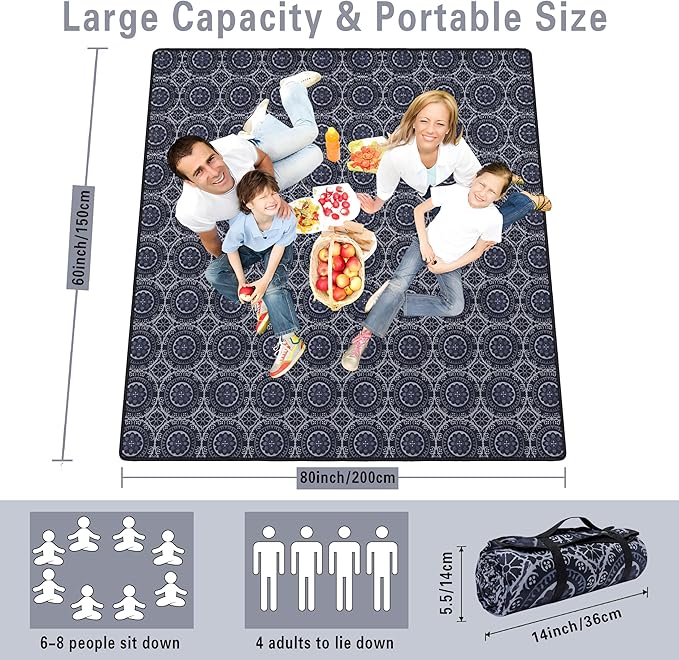 Supfitness Extra Large Picnic Blankets Waterproof Foldable (60 "x 80") Beach Blanket Waterproof Sandproof,3-Layer Thicking Mat Outdoor Packable Camping Blanket
