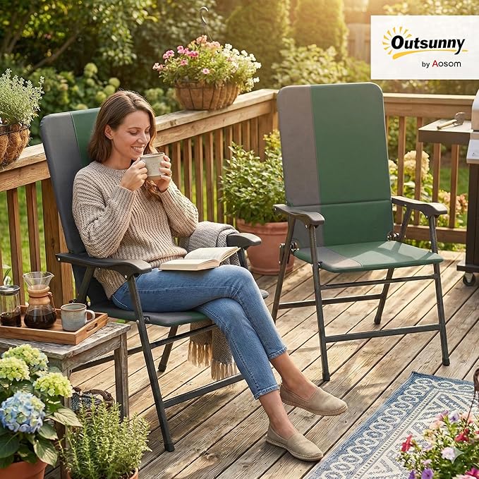 Outsunny Folding Patio Chairs Set of 2, Padded High Back Folding Lawn Chairs with Armrests, 600D Oxford Fabric, Portable Outdoor Camping Chair Set for Deck, Garden, Backyard, Dark Green
