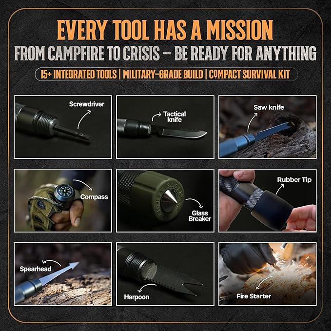 Prime Adventure 15-in-1 Tactical Survival Walking Stick & Hiking Staff – Heavy-Duty Collapsible Multitool for Camping, Hiking & Outdoor Survival Gear (8 Tubes, Premium Build)