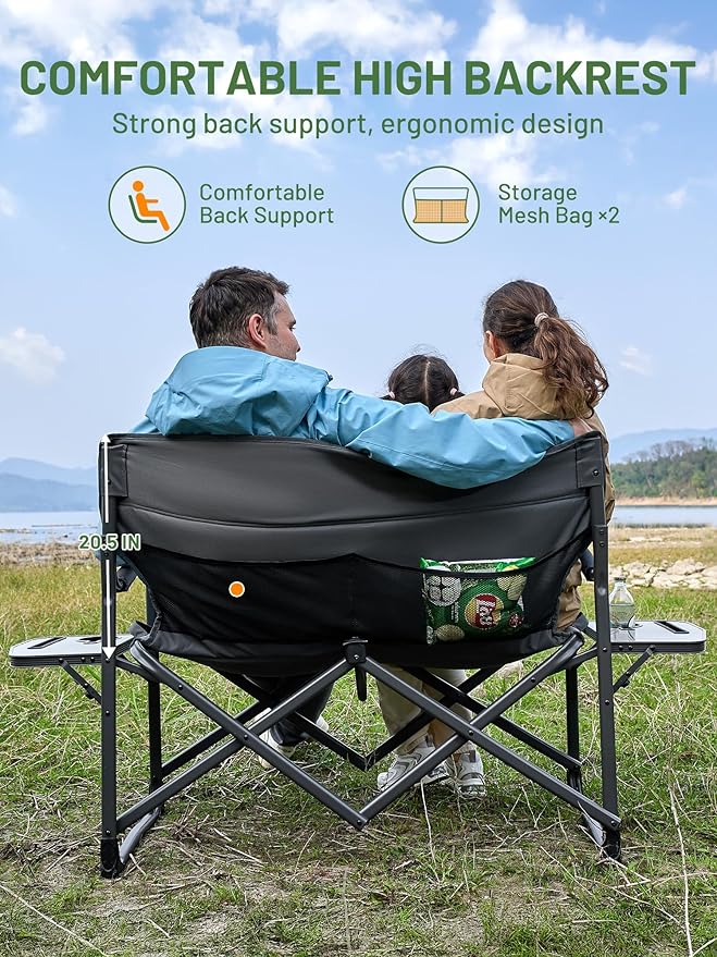 TIMBER RIDGE Double Camping Chair Portable Loveseat, Heavy Duty Folding Camp Couch, 2 person Director Chairs with Cup Holder for Outdoor Lawn Tailgates Picnic Sports Soccer Games Supports 600 lbs Grey