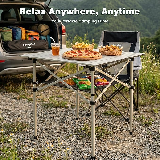 SUNNYFEEL Aluminum Folding Table for Camping, Lightweight Roll Up Top, Portable Camp Tables with Carry Bag for Outdoor Picnic (Square, Gray)