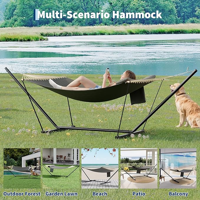 Garvee Double Hammock with Stand for Outdoor, Heavy Duty Portable 2 Person Hammock with Adjustable Steel Stand for Patio, Garden, Beach, Backyard