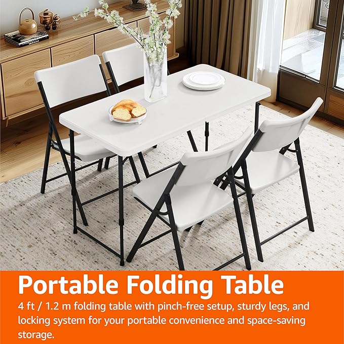 Amazon Basics Portable 4 Foot Rectangular Folding Dining Table, 4 Adjustable Height Settings, Carrying Handle, Indoor & Outdoor, Sturdy for Events, White, 47.8 x 23.9 x 33.9 in