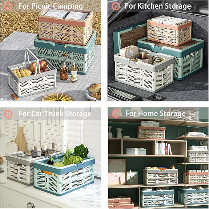Collapsible Plastic Storage Crate - 20L Folding Organizer Basket Portable Stacking Storage Crate Bin with Handle, for Camping, Picnic, Car Trunk, Home Storage (Gray, M)