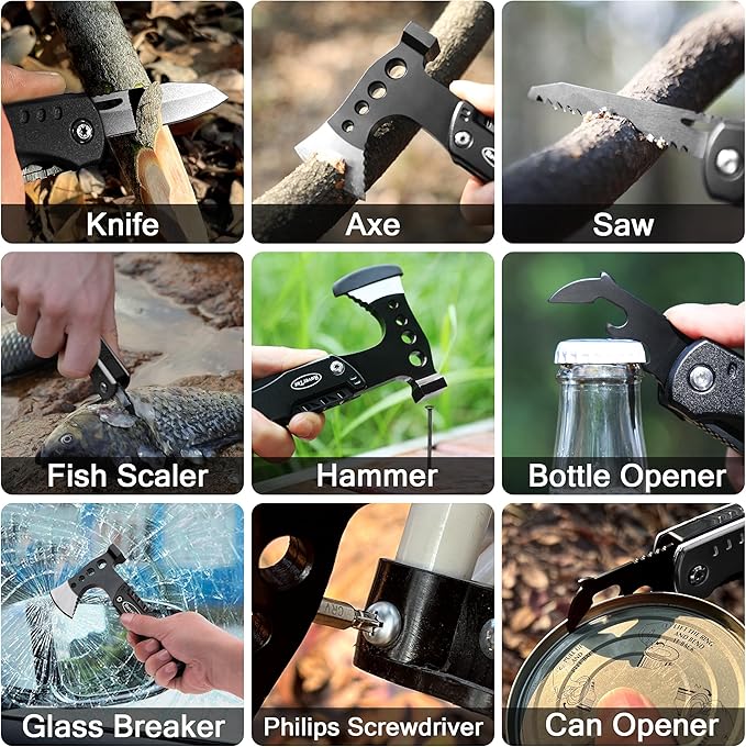RoverTac Camping Gear Survival Tools Kit Multi Tool Set, 11-in-1 Multitool Axe, High Lumen LED Flashlight, Pocket Knife - Perfect for Camping Survival Hiking Fishing, Tools Gifts for Men.