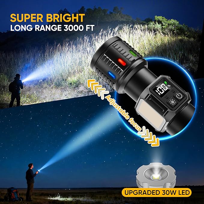 Rechargeable Flashlights High Lumens 100,000, Super Bright LED Flash Light Long Lasting USB C LCD Display, Dual Light Source & Buttons with Red Light, for Camping Hiking Emergency Home Gift