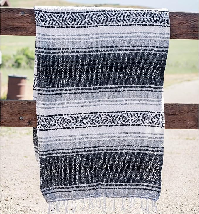 Benevolence LA Authentic Handwoven Mexican Blanket | Yoga Blankets, Outdoor, Picnic, Beach, Camping | Equestrian Saddle | Serape 50x70 inches - Gray, Pack of 1
