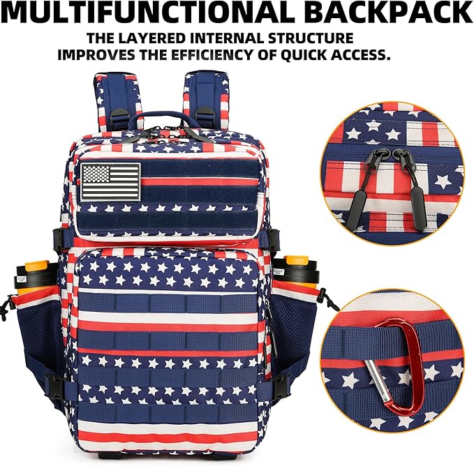 Lovelinks21 45L Tactical Assault Backpack 3 day assault pack with Molle Waterproof backpack Rucksack for Tactical Backpacks (Striped Flag)