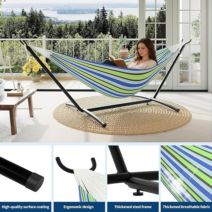 Double Hammocks with Stand for Outside, Portable Space Saving Heavy-Duty Steel Stand for Indoor Outdoor Patio with Carrying Bag, 450 lbs Capacity