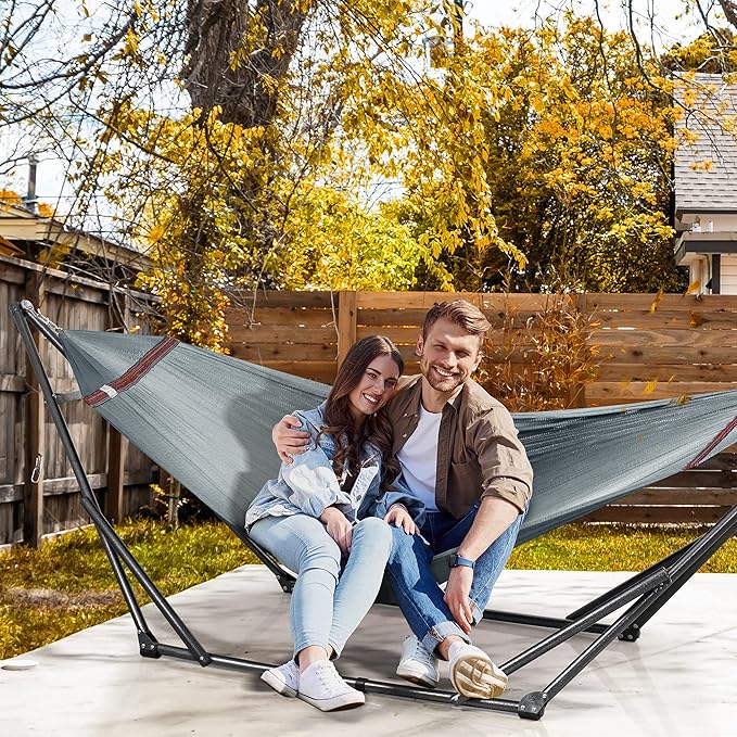 Tranquillo Adjustable Hammock Stand 600 lbs Capacity, Collapsible Camping Hammock and Stand, Double Hammock with Stand for 2 Persons, Quick & Easy Assembly Garden Yard Patio Lawn, Grey