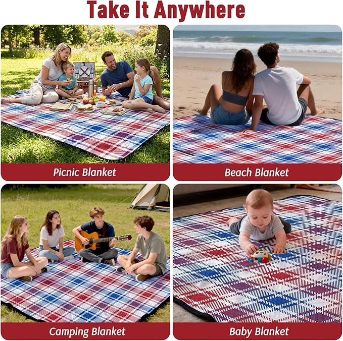Doonly Picnic Blanket, 78" x 78" Large Waterproof Sandproof Beach Blanket, Foldable Outdoor Blanket Picnic Mat for Beach, Camping, Park, Grass, Lawn, Travel (Blue/Red/White)