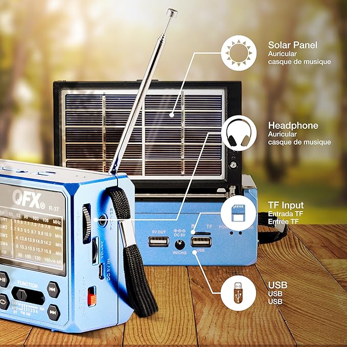 QFX R-37-BL 6-Band (AM, FM, SW1 - SW4) Bluetooth LED Flashlight Solar Radio (2021 Model)