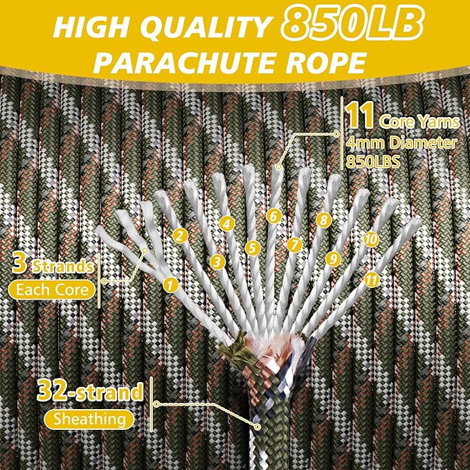 850Ib Reflective Paracord Rope, 50/100/200/500/1000ft 4MM 11 Strand Parachute Cords, Survival Paracord Rope Tie Down for Crafting, Tent, Camping, Clotheline, Hiking, Fishing, Camo Green 100FT