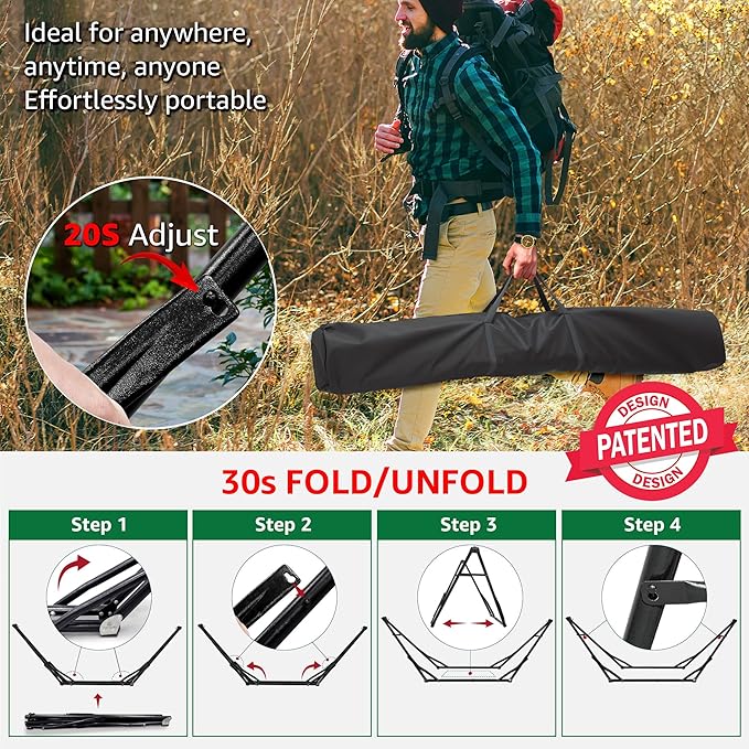 Tranquillo Unity Adjustable Hammock Stand, Collapsible Camping Hammock and Stand, 800 lbs Capacity Steel Double Hammock Stand for 2 Persons, Steel Frame - Black