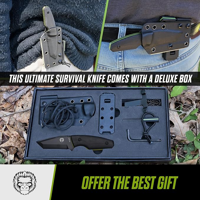 Holtzman's Gorilla Survival Tanto Fixed Blade Neck Knife with Kydex Sheath & Ferro Rod (Black+Green) - Ideal for Outdoor Activities and Everyday Carry