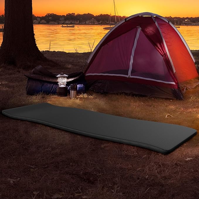 Foam Sleeping Pad for Camping - 1.25-Inch-Thick Waterproof Sleep Pad with Carry Straps for Cots, Tents, or Sleepovers by Wakeman Outdoors (Black)