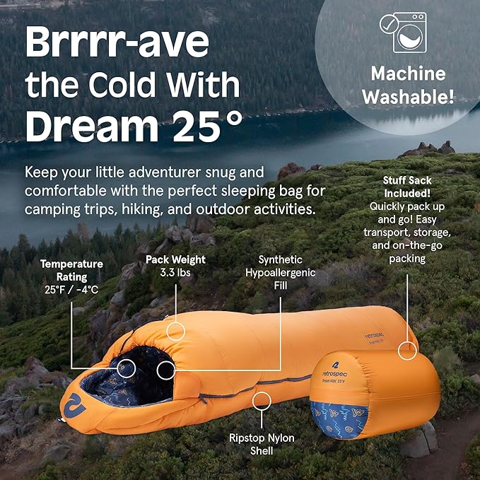 Retrospec Dream 25 Kids Sleeping Bag for Camping - Mummy Style, Water-Resistant, Lightweight 3lbs 3oz, Adjustable Length, Draft Collar, 25°F Rating