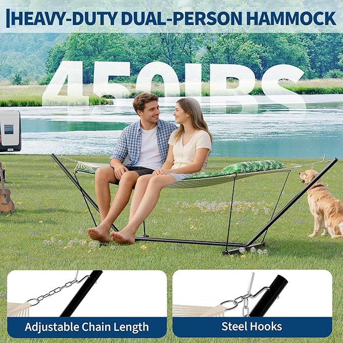Heavy Duty 2 Person Double Hammock with Portable Adjustable Steel Stand, Outdoor Hammock with Pillow for Patio, Garden, Beach, Backyard Camping