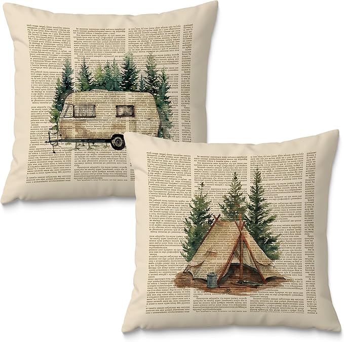 Vintage Camping Pillow Covers 18x18 Set of 2, Gifts for Campers Camping Lovers, Retro Forest Camper Camp Decorative Throw Pillow Covers for Couch Sofa Bedroom Living Room Home