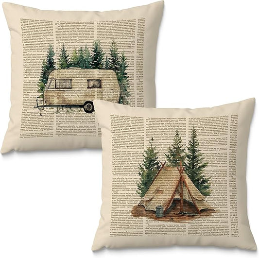 Vintage Camping Pillow Covers 18x18 Set of 2, Gifts for Campers Camping Lovers, Retro Forest Camper Camp Decorative Throw Pillow Covers for Couch Sofa Bedroom Living Room Home