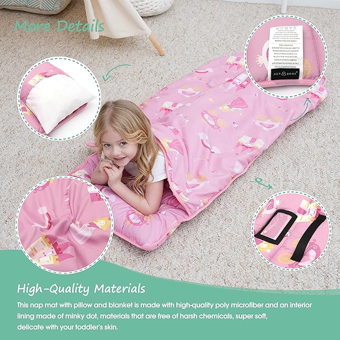 ACRABROS Toddler Nap Mat with Pillow and Blanket, Large Rolled Napping Mats,Slumber Bags for Boys Girls,Kids Sleeping Bag for Daycare, Preschool Travel