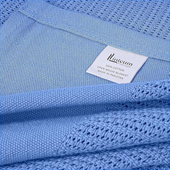 Linteum Textile Supply Blue Hospital Thermal Blanket 66x90 Inch 100% Cotton, Soft and Cozy, Breathable, Open-Cell Weave Design, All Season Twin Hospital Blanket (4-Pack)
