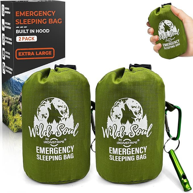 Ironstripe Bivy Sack XL Waterproof Survival Sleeping Bag with Emergency Whistle, Built-in Hood & Thermal Mylar - Tear & Puncture-Resistant