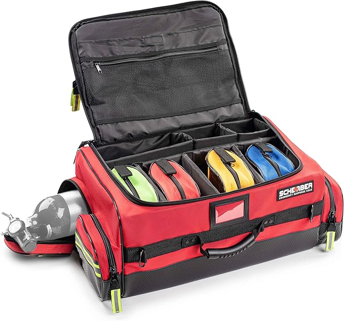 Scherber First Responder O2 Bag | Ultimate Professional EMT/EMS Trauma Oxygen Kit | Durable Reflective 600D Water Repellant Bag w/10+ Compartments, Zippered Pockets, Dividers & Padded Strap | XL - Red
