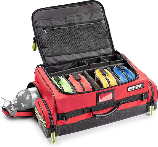 Scherber First Responder O2 Bag | Ultimate Professional EMT/EMS Trauma Oxygen Kit | Durable Reflective 600D Water Repellant Bag w/10+ Compartments, Zippered Pockets, Dividers & Padded Strap | XL - Red