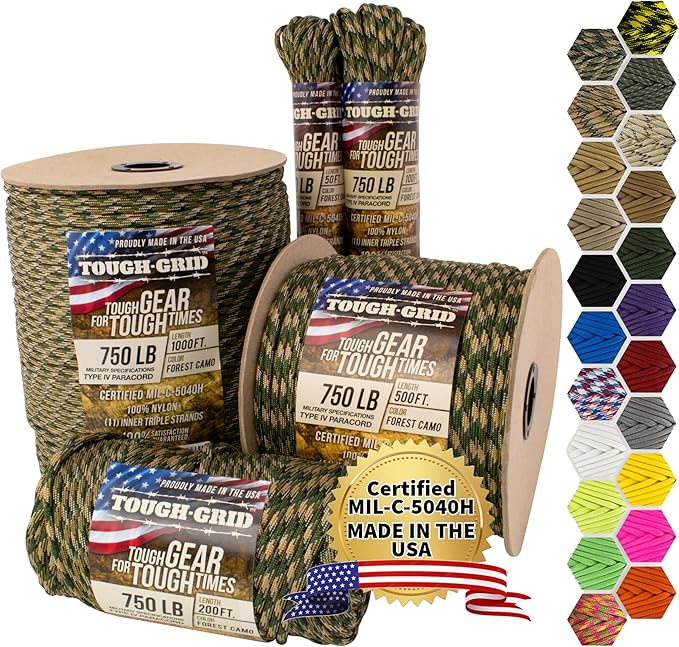 TOUGH-GRID 750 Paracord Military Grade Nylon Rope - Type IV Mil-Spec Made in USA - Tactical Survival Cord