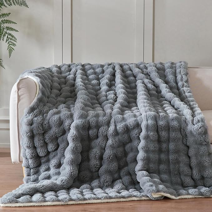 60x80 Inches Ultra-Soft Fuzzy Faux Fur Plush Twin Size Blanket - Thick, Warm Sherpa for Couch, Sofa, Bedroom, Camping - Decorative Blanket for Cozy Warmth, Bubble Grey