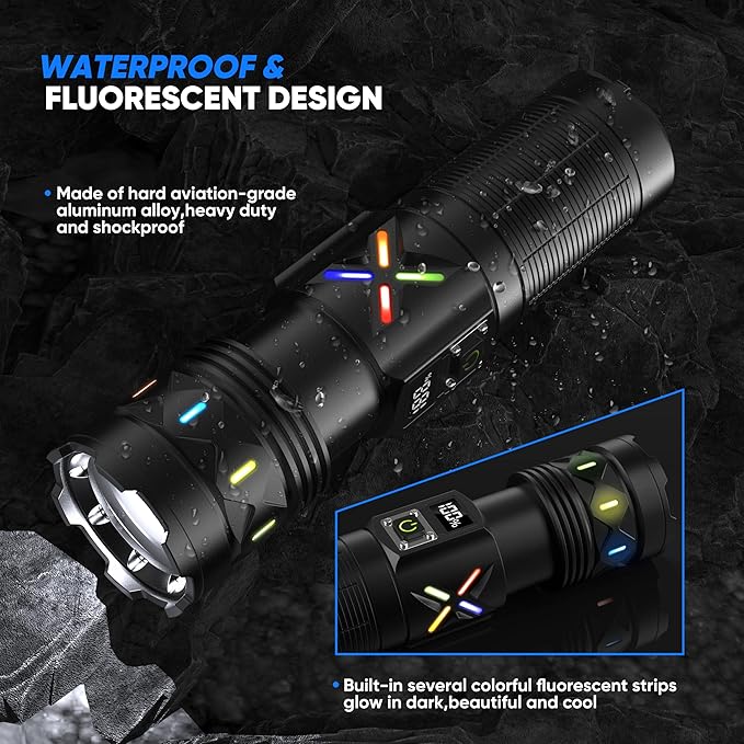 Flashlights High Lumens 100000 Rechargeable, Super Bright 50W LED, Long Running 15 Hours, USB C Input & USB Output, Zoomable 3 Modes, Powerful Strong Flash Light for Home Hiking Camping